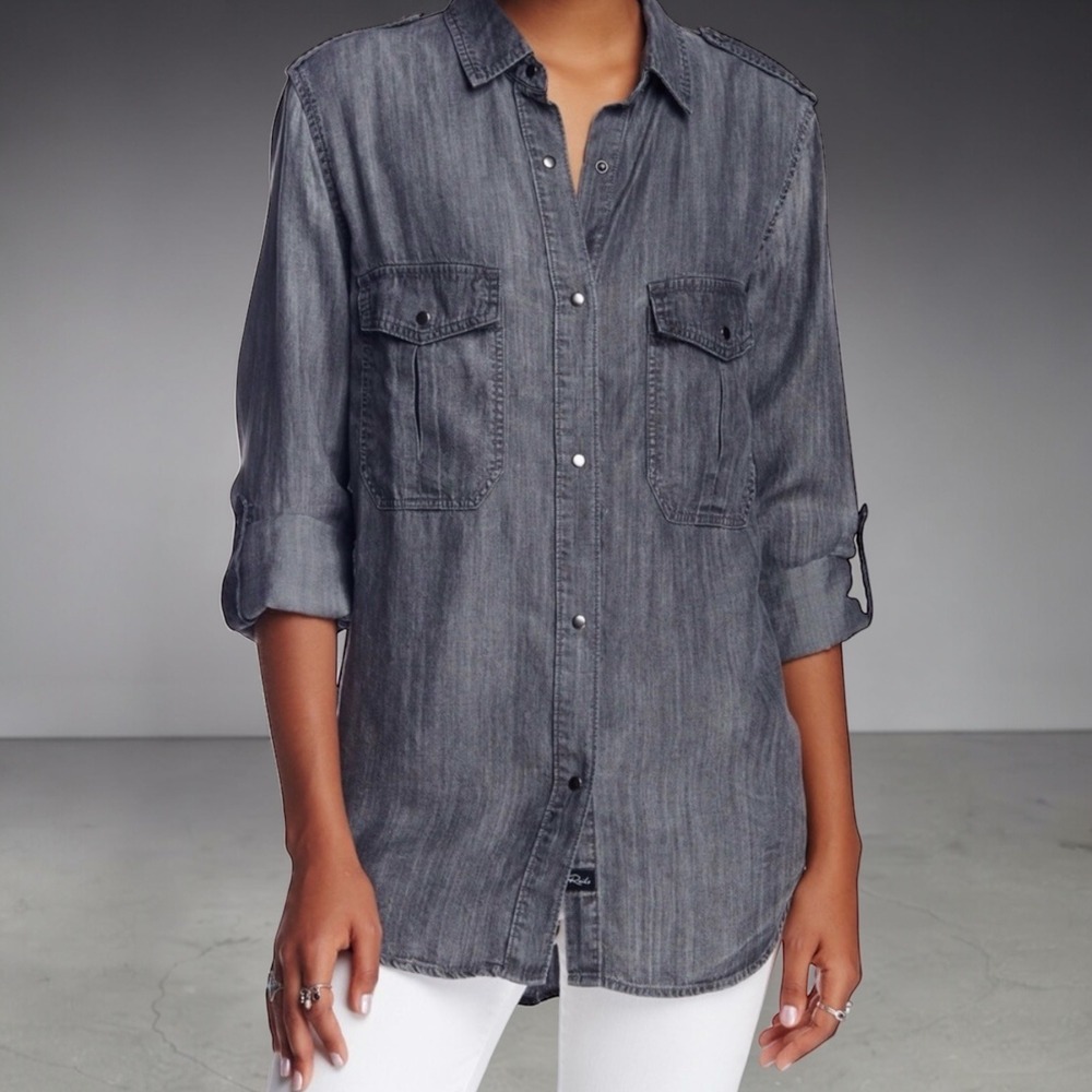 Rails Alexandra Chambray Snap Button Shirt Utility Streetwear Gray Lyocell sz XS